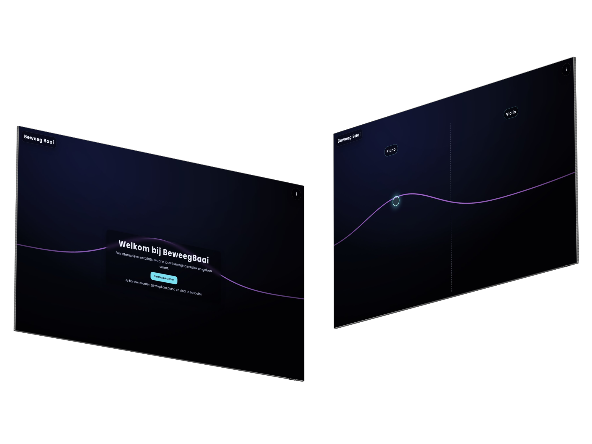 Beweeg Baai on two screens: the start screen and the piano and violin view