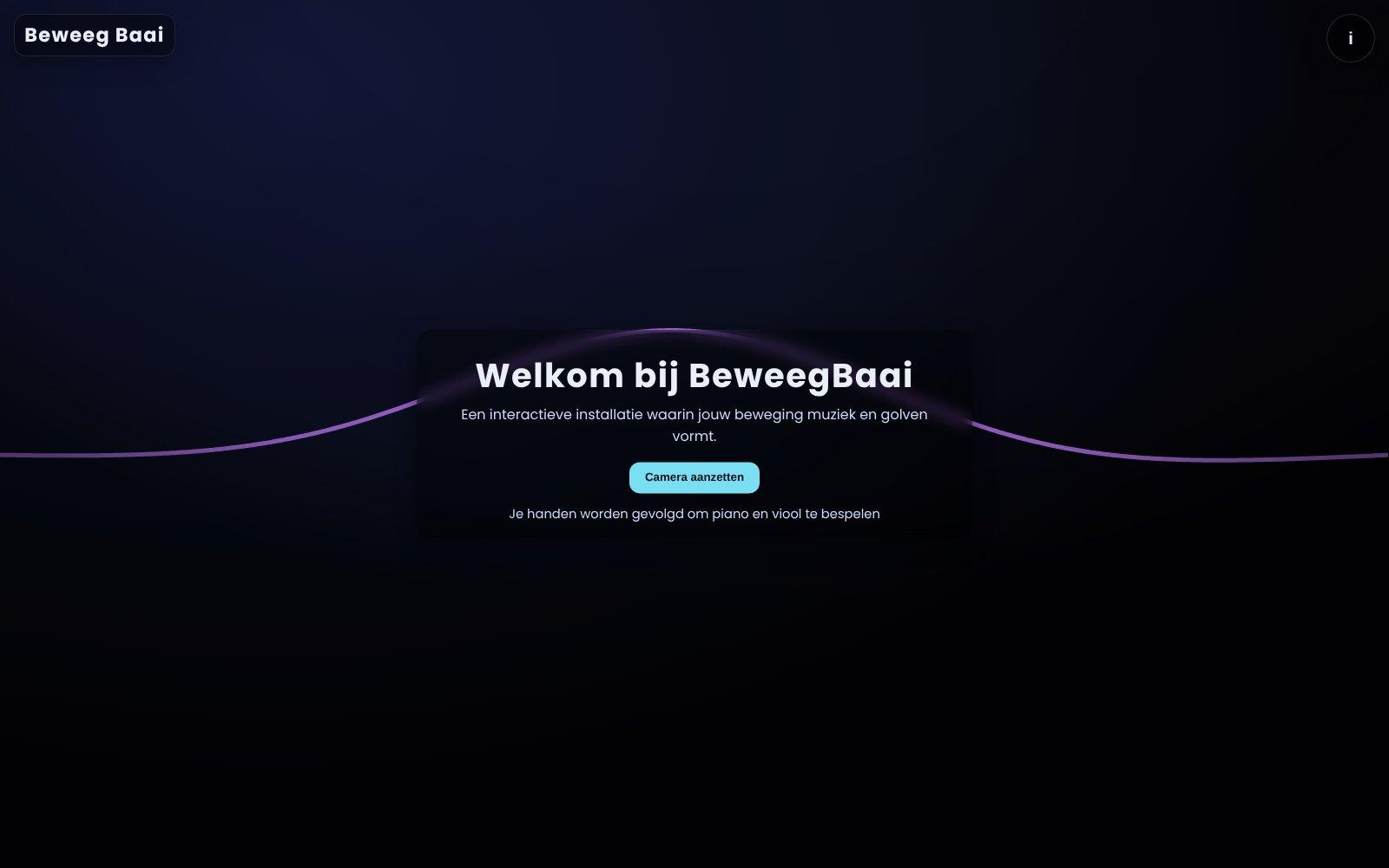 Beweeg Baai start screen: "Welkom bij BeweegBaai" with a button to turn on the camera