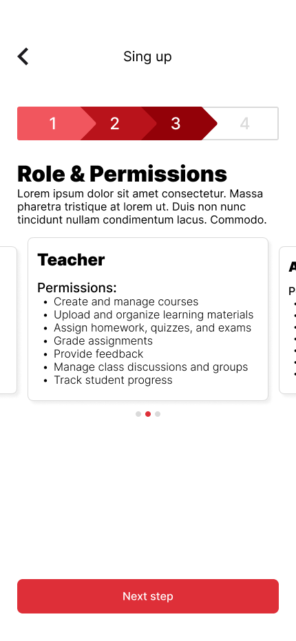 Role selection screen showing permissions per role