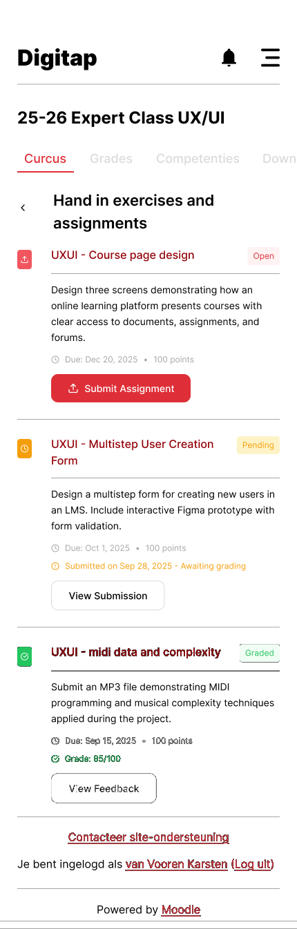 Course page with tabs and assignment submission status