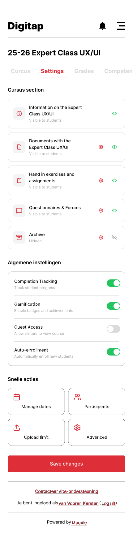 Teacher course settings panel
