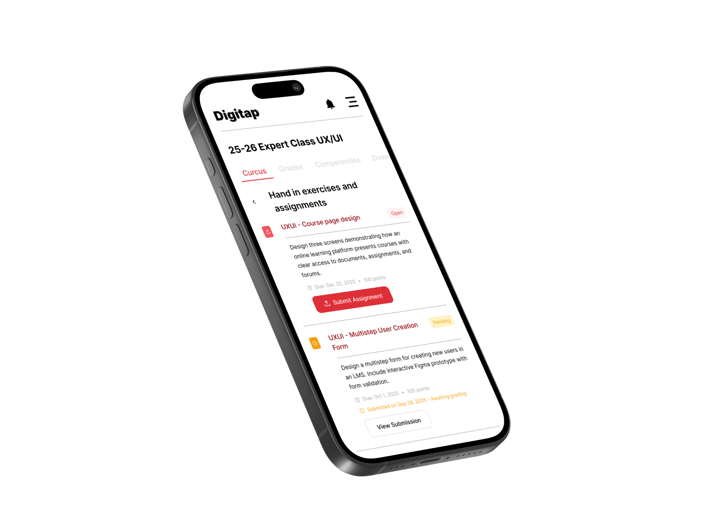 Phone showing the redesigned Digitap course page with assignments
