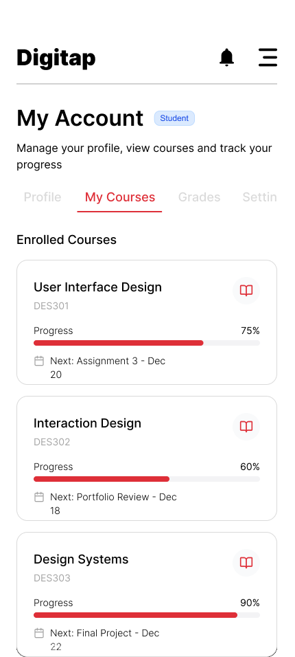 Enrolled courses with progress