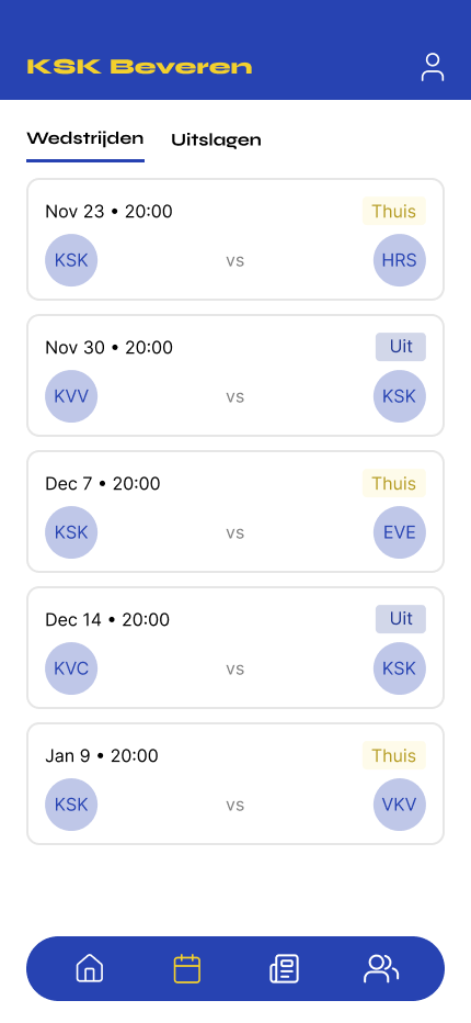 Matches screen with fixtures, results and the league table