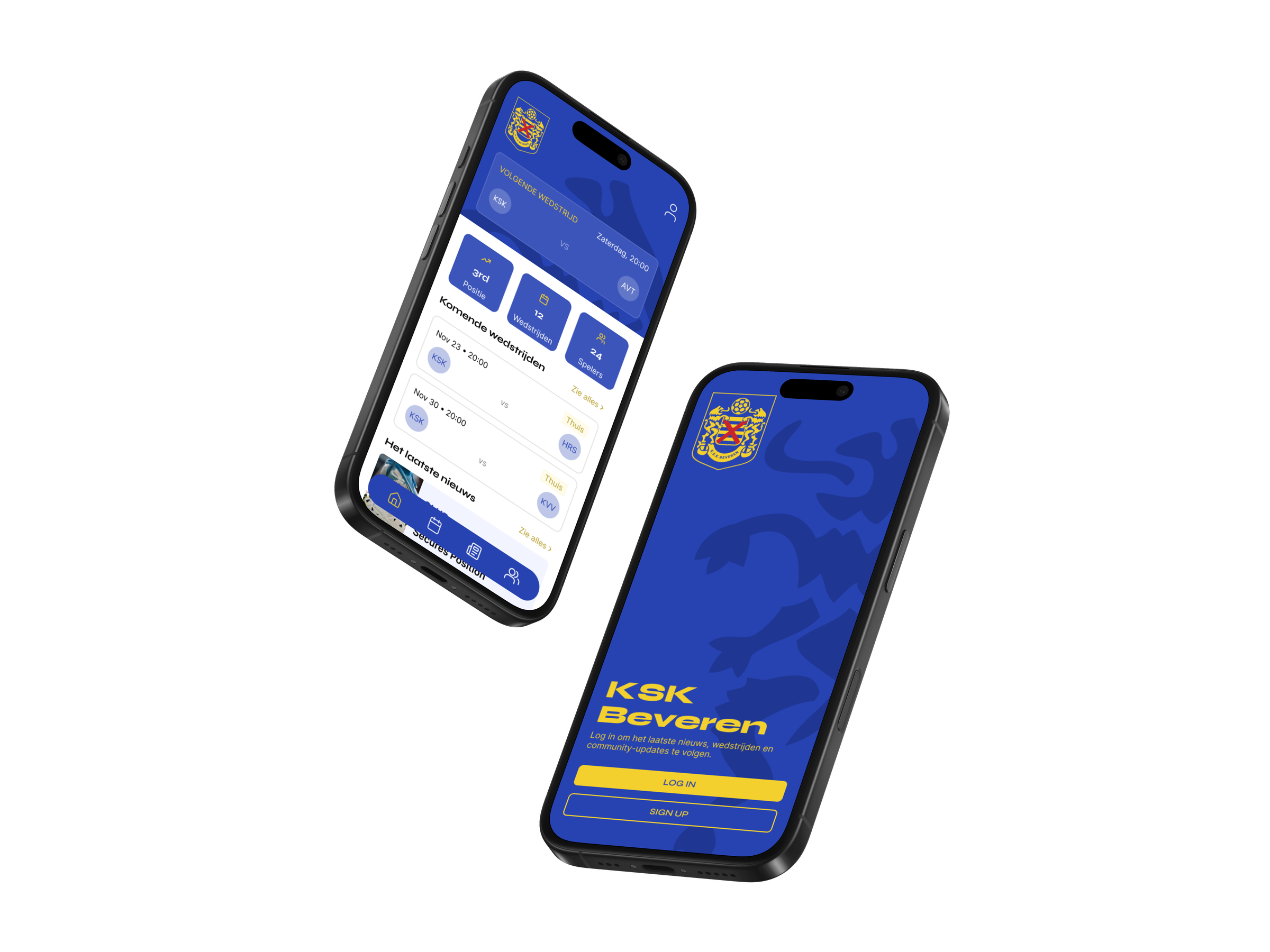Two phones showing the KSK Beveren app: the home screen with upcoming matches and the login screen