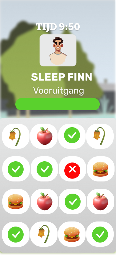 The Sleep Finn mini-game with food icons and a timer