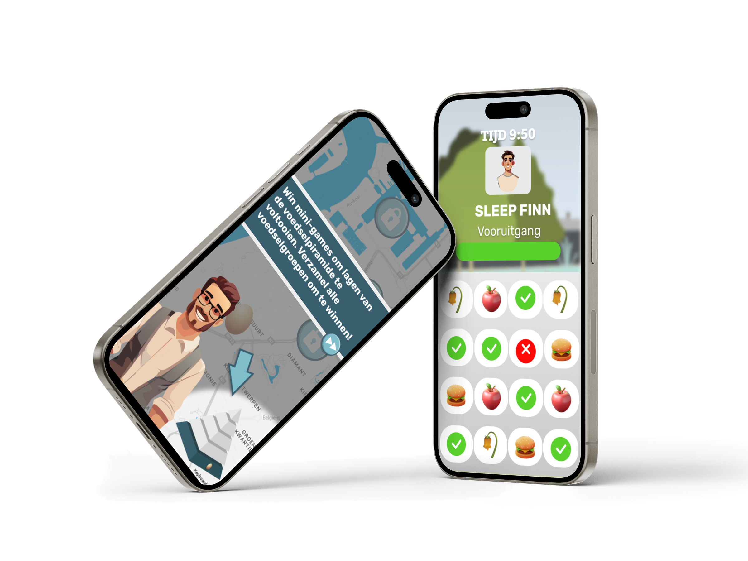 Two phones showing the Voedselbank game: the city map and the Sleep Finn mini-game